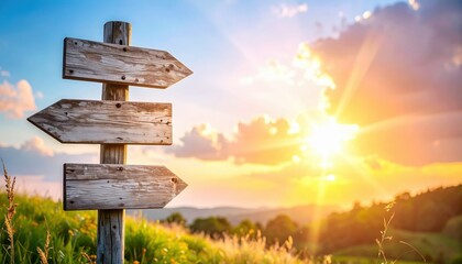Naklejka premium Wooden directional signpost with three blank arrows standing in green field against sunset sky and warm sunlight