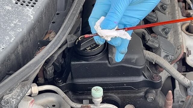 Mechanic checking car engine oil level with red dipstick