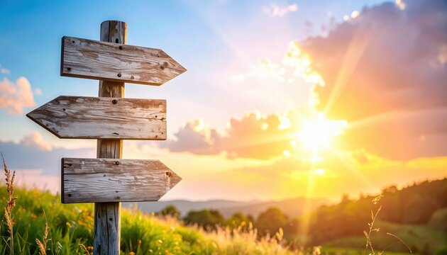 Wooden directional signpost with three blank arrows standing in green field against sunset sky and warm sunlight