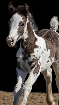 Playful brown and white pinto foal running with energy, isolated on black for animal themes