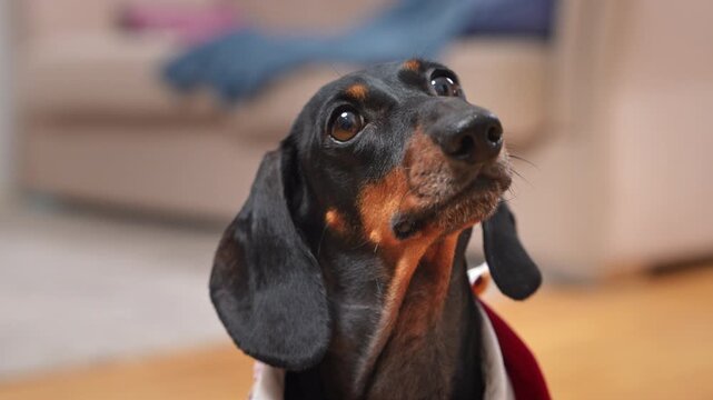 A close-up of a black and tan dachshund dog wearing a red sweater, looking curiously at the camera. The portrait is indoors, with a blurred background of a living room sofa.