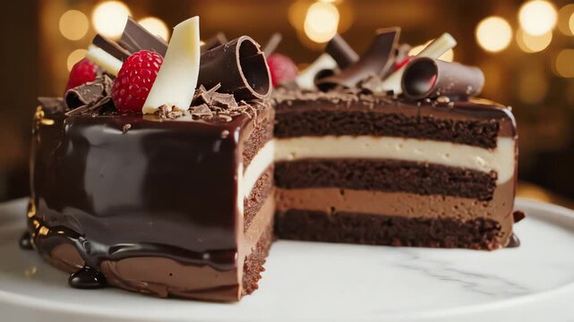 Delicious chocolate cake slice with layers and decorative chocolate curls