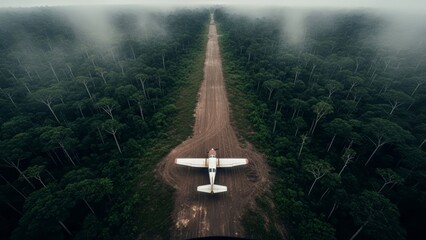 Fototapeta premium Aerial view of a light aircraft on a remote airstrip surrounded by tropical forest and mist.