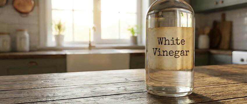 Glass bottle of white vinegar on a wooden kitchen counter