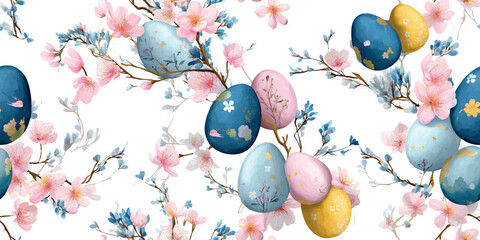 Plakat Easter Egg and Cherry Blossom Seamless Pattern with Spring Branch Details.