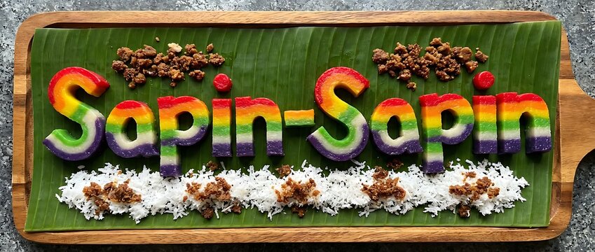 Colorful Sapin-Sapin Filipino Rice Cake Spelling Name on Banana Leaf