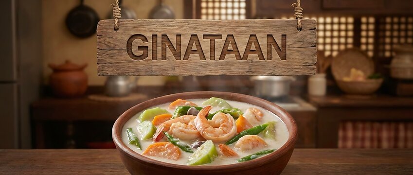 Traditional Filipino Ginataang Hipon with Vegetables in Coconut Milk