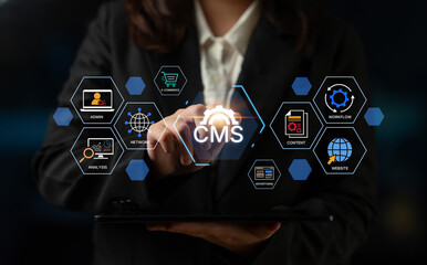 Concept of a Content Management System (CMS). A platform for website administration, digital content creation, workflow management, and e-commerce integration. Fermion
