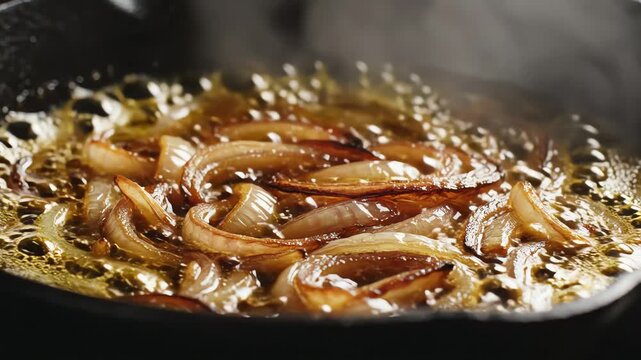 Onions sizzling in pan close up culinary process cooking concept