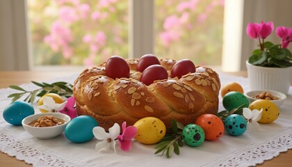 Traditional Easter bread with colored eggs on table