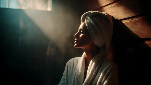 Therapy stress release treatment, health lifestyle. A woman in a white robe with a towel wrapped around her head, gazing out of a window in a steam room. The room is illuminated by a light source.
