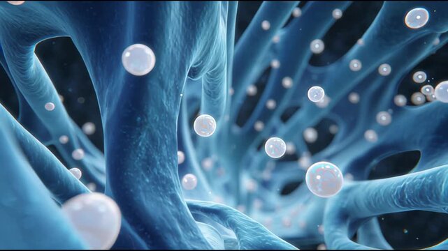 3D Animation of Rabbit Kidney Nephron Tubule Filtration with Blue and Pearl Glowing Particles
