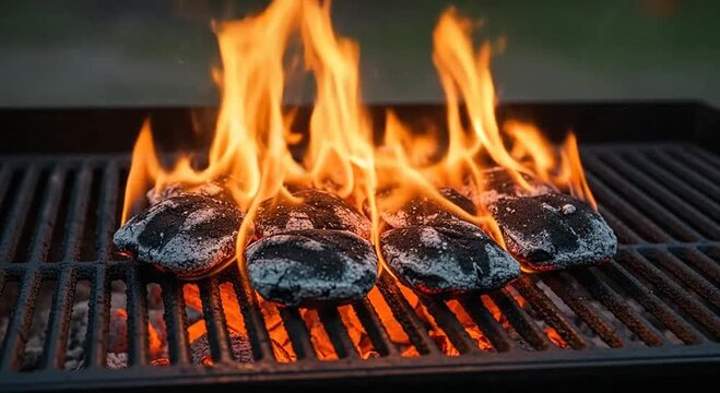 Close-up of glowing charcoal briquettes on a barbecue grill, surrounded by bright flames