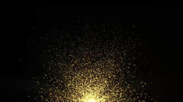 Festive twinkling gold glitter, sparkly waves of glitter move from the center, 4k waterfalls of golden glitter sparkle bubbles champagne particles stars on black background, happy new year holiday