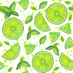 Watercolor Lime and Mint Seamless Pattern Mojito Cocktail Theme