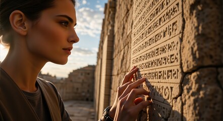 Female archaeologist touching ancient stone inscriptions at sunset. Woman explorer examining historical carvings and cuneiform on a wall