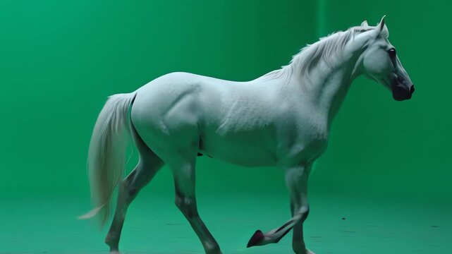 Elegant white horse walking gracefully on a vibrant green screen for compositing and visual effects
