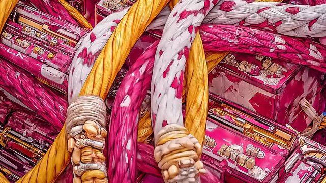 Complex interweaving of vibrant hued cables and sturdy equipment with a painterly aesthetic creating a futuristic composition