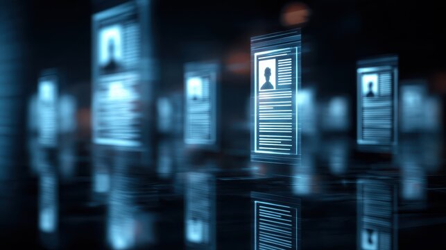 concept of digital recruitment and resume screening in a futuristic virtual environment with glowing job application profiles.