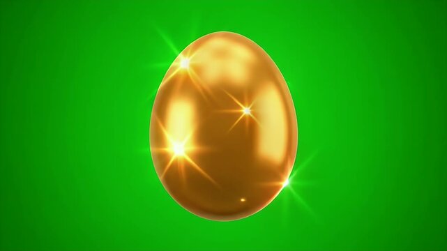 Shiny golden egg with bright sparkles on green screen background