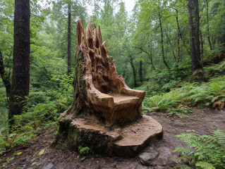 Fototapeta premium Hand carved wooden throne from tree stump in forest