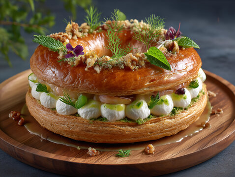 Savory paris-brest ring with burrata and walnuts