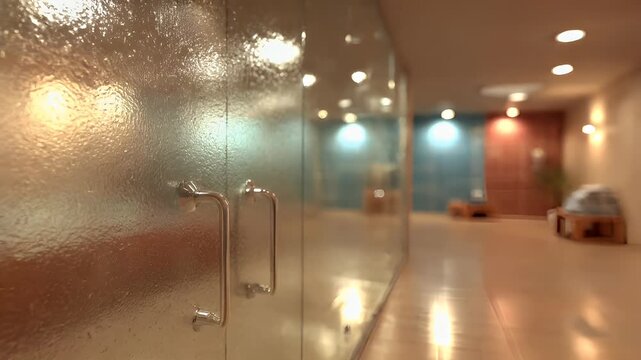 Therapy stress release treatment, health lifestyle. A glass door with a handle in a hallway illuminated by ambient lighting. The background is slightly blurred, revealing a wall and a few lights.