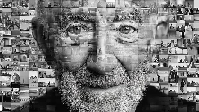 Monochromatic Portrait Montage a creative visual narrative woven with individual story snippets and monochrome aesthetic depth, creating a rich and intriguing image