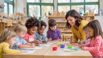 Teacher assisting diverse group of young children with art activity at a wooden table in a bright classroom setting