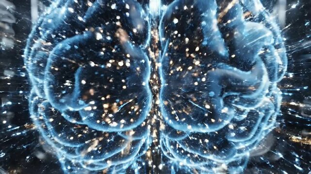 A glowing neural network explodes with light amidst a dark, wired server room