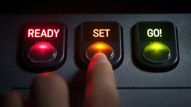 Closeup of a finger pressing the set button on a threelight indicator panel labeled ready, set, go