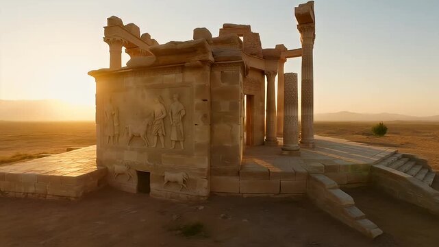 Ancient Persepolis ruins bathed in golden light at sunrise, revealing Persian heritage