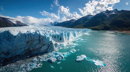 Stunning aerial view of the massive perito moreno glacier calving into the turquoise waters of lago argentino under a bright blue sky with scattered clouds and surrounding mountains
