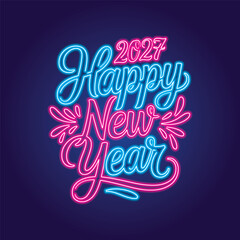 Fototapeta premium 2027 Happy New Year Neon Typography Design, Colorful neon new year, 2027 happy new year in neon