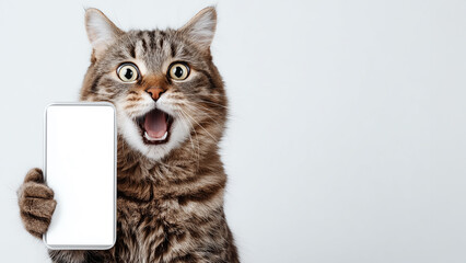 Smartphone shocked meme cat with copy space on white background  cat-meme_1308