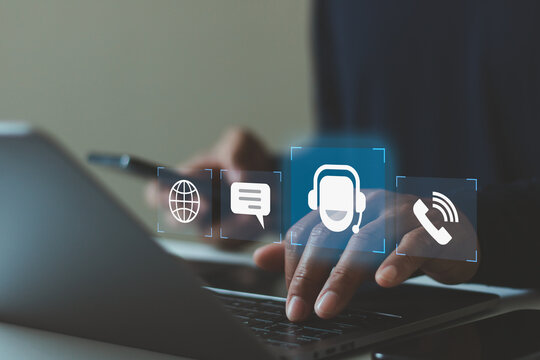 IT support, Technical support customer service concept, User hand using computer laptop with VR screen support customer icon, Technology internet concept, call center and customer service help 24 hrs.