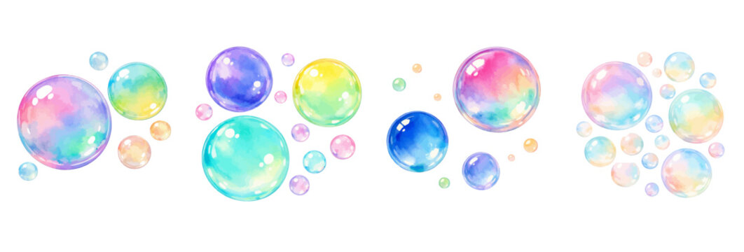 A charming watercolor collection of colorful floating soap bubbles for whimsical logo and packaging design.