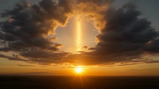 Golden sunbeams pierce through dark clouds over a vast, darkening landscape