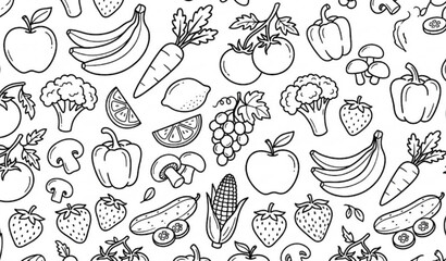 Outline Fruit and Vegetable Doodle Seamless Pattern Vector Illustration