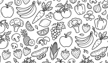 Hand Drawn Fruits and Vegetables Outline Doodle Pattern Background