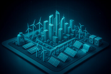 Naklejka premium Digital Smart Energy City with Hydrogen, Solar and Wind Power – Integrated Renewable Energy System
