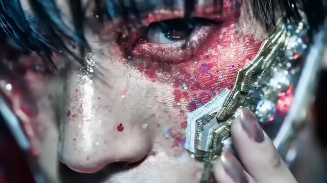 Enigmatic Visage: Shimmering Adornment and Futuristic Embellishments create compelling closeup artistic expression