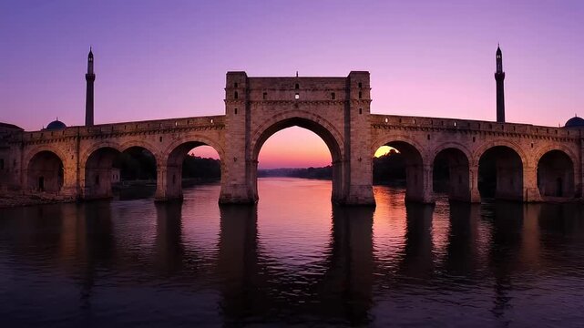 Historical Bridge Over the River at Twilight with Towering Minarets