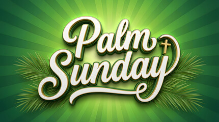 Palm Sunday white script text with cross and palm leaves on green radial background
