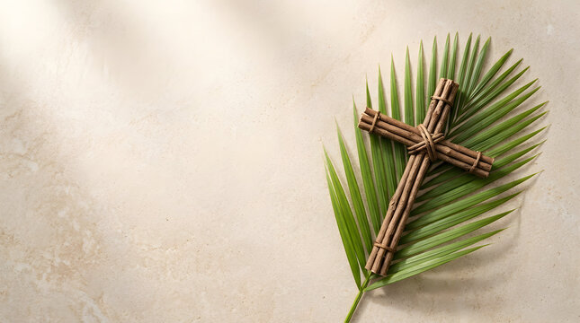 Rustic wooden cross tied on palm branch for Palm Sunday Promotion holy week theme