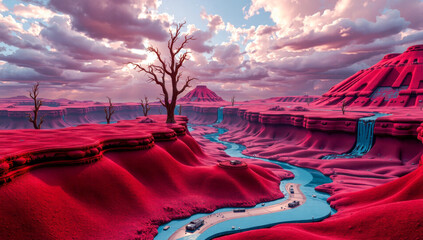 Imaginative surreal landscape featuring strange architectural forms, floating spheres, and dreamlike worlds with vibrant colors