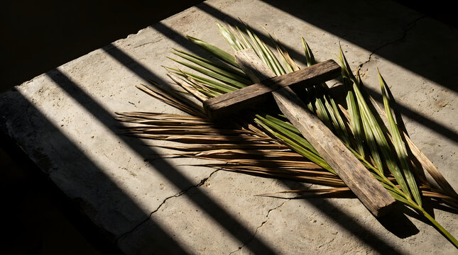 Palm Sunday Celebration Wooden cross resting on palm leaves with dramatic shadow light effect