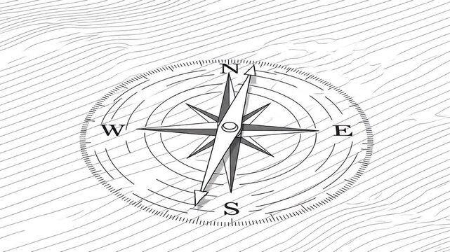 Black and white compass rose over topographic-like lines; N, E, S, W markings