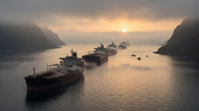 Line of heavy cargo ships navigating a misty mountain strait at sunrise