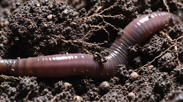 Macro view of a slimy segmented earthworm nestled within dark rich soil and roots